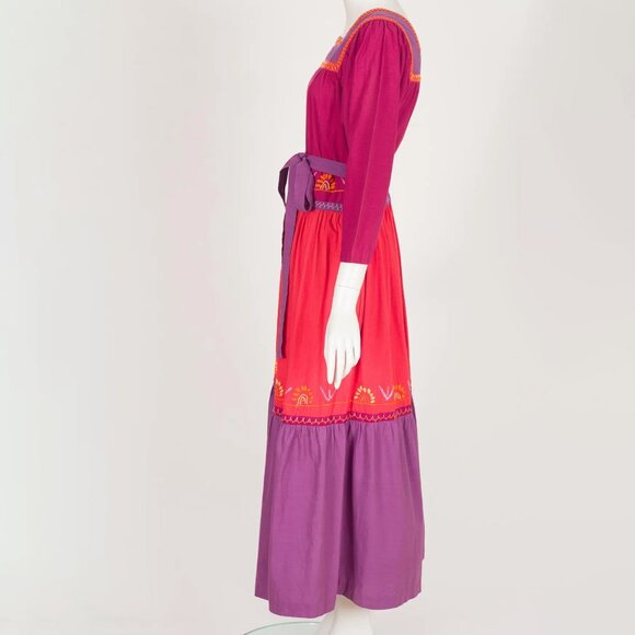 1970s Vintage Hand-Embroidered Cotton Tiered Maxi Dress by Simpsons Sz M - Picture 4 of 7